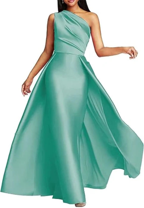 Discount A-Line Stylish Satin One-Shoulder Ruched Short Train Prom Dress Long Evening Gown