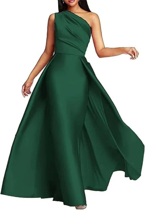 Discount A-Line Stylish Satin One-Shoulder Ruched Short Train Prom Dress Long Evening Gown