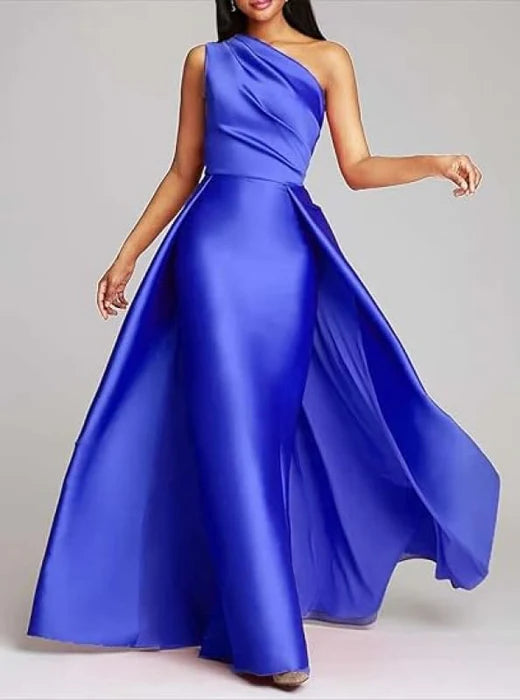 Discount A-Line Stylish Satin One-Shoulder Ruched Short Train Prom Dress Long Evening Gown