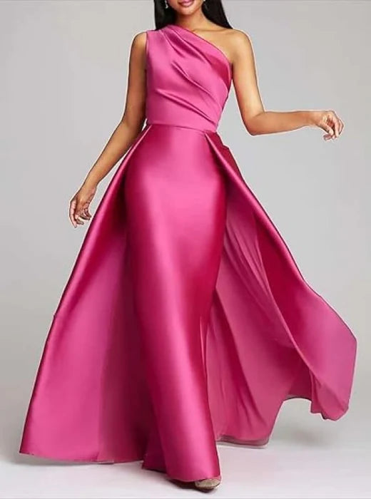 Discount A-Line Stylish Satin One-Shoulder Ruched Short Train Prom Dress Long Evening Gown