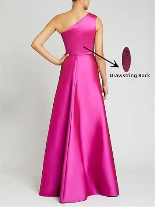 Discount A-Line Stylish Satin One-Shoulder Ruched Short Train Prom Dress Long Evening Gown