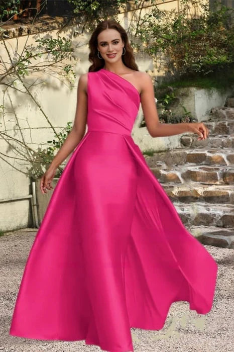 Discount A-Line Stylish Satin One-Shoulder Ruched Short Train Prom Dress Long Evening Gown