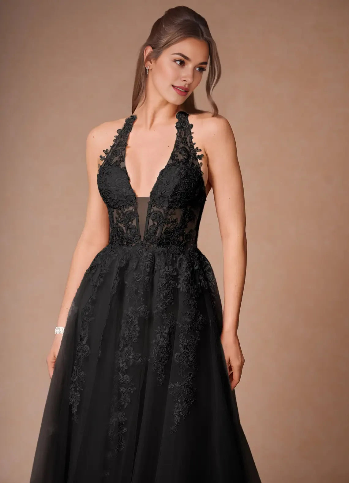 Discount A-line Halter Sheer Lace Applique Open Back Black Maxi Evening Dress