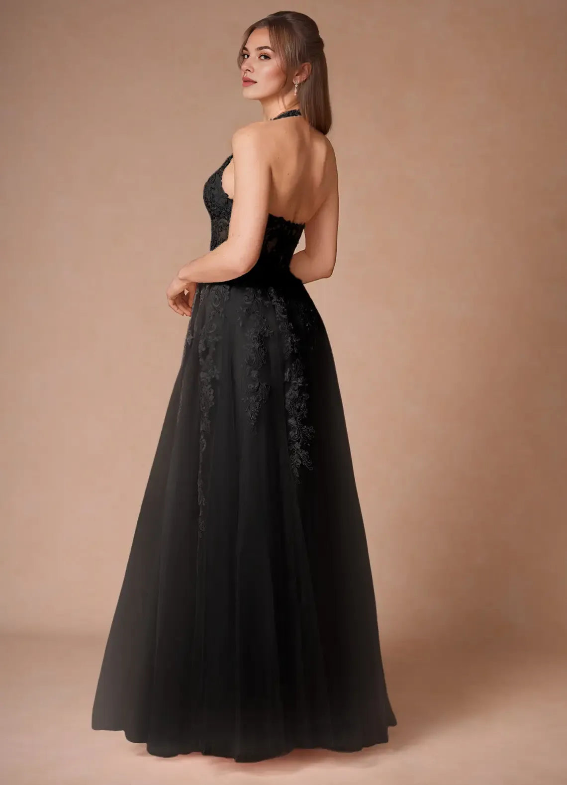Discount A-line Halter Sheer Lace Applique Open Back Black Maxi Evening Dress
