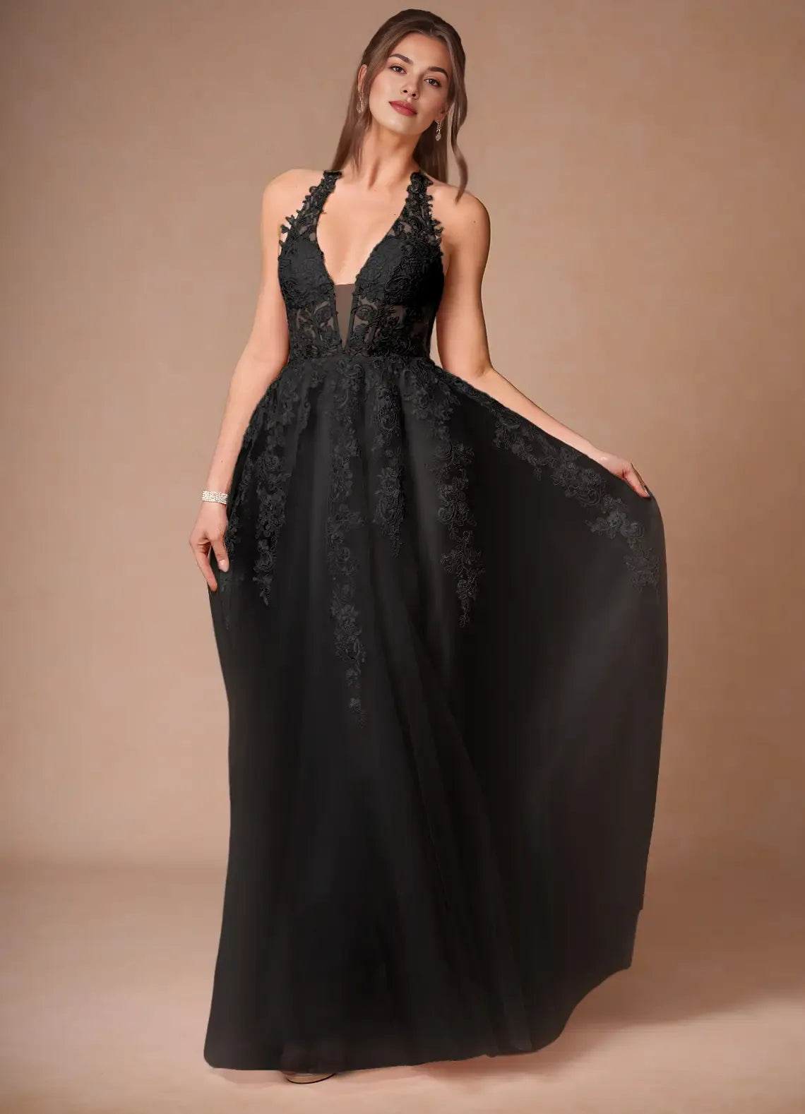 Discount A-line Halter Sheer Lace Applique Open Back Black Maxi Evening Dress