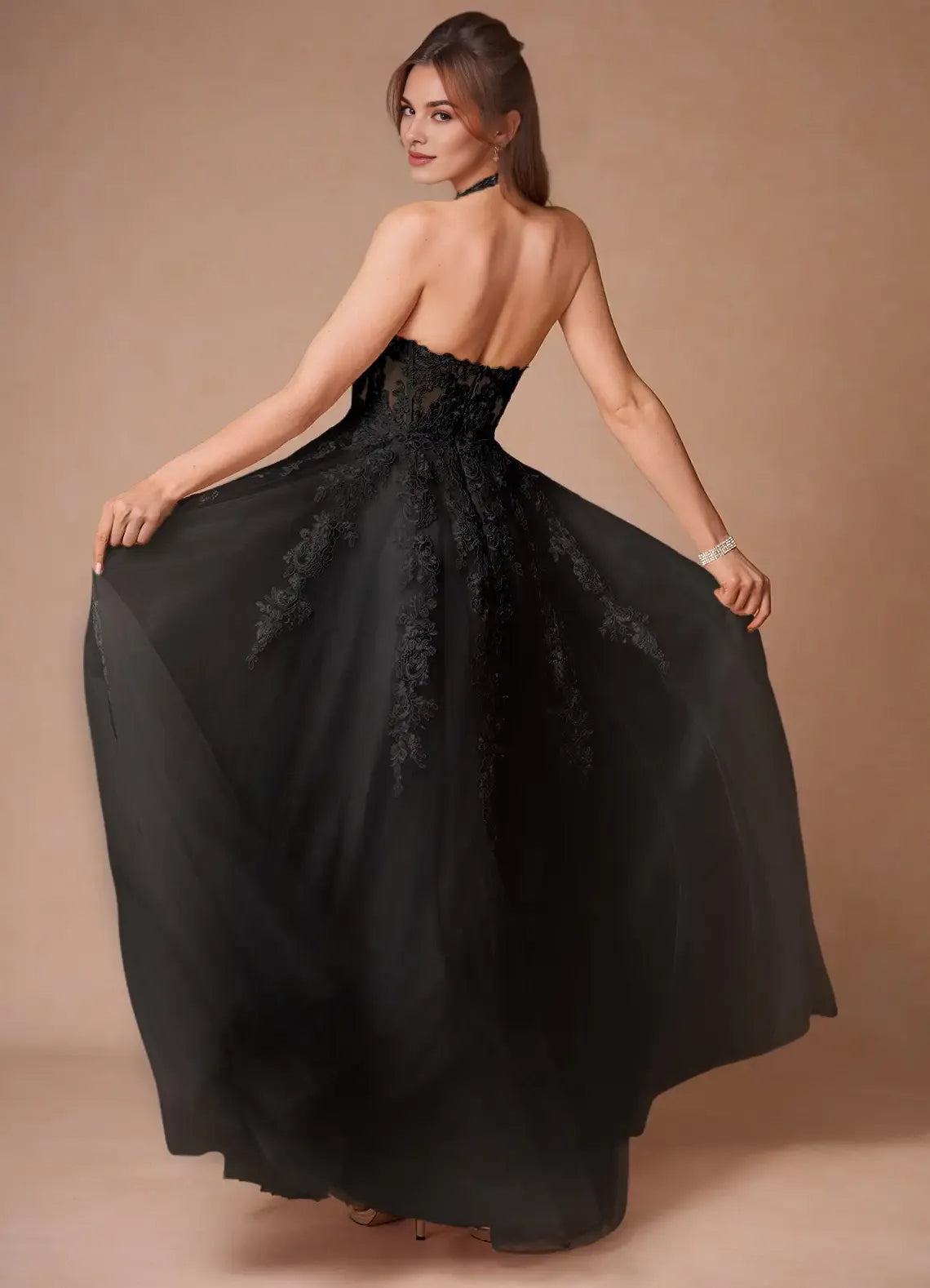 Discount A-line Halter Sheer Lace Applique Open Back Black Maxi Evening Dress
