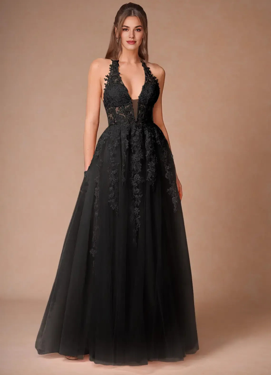 Discount A-line Halter Sheer Lace Applique Open Back Black Maxi Evening Dress