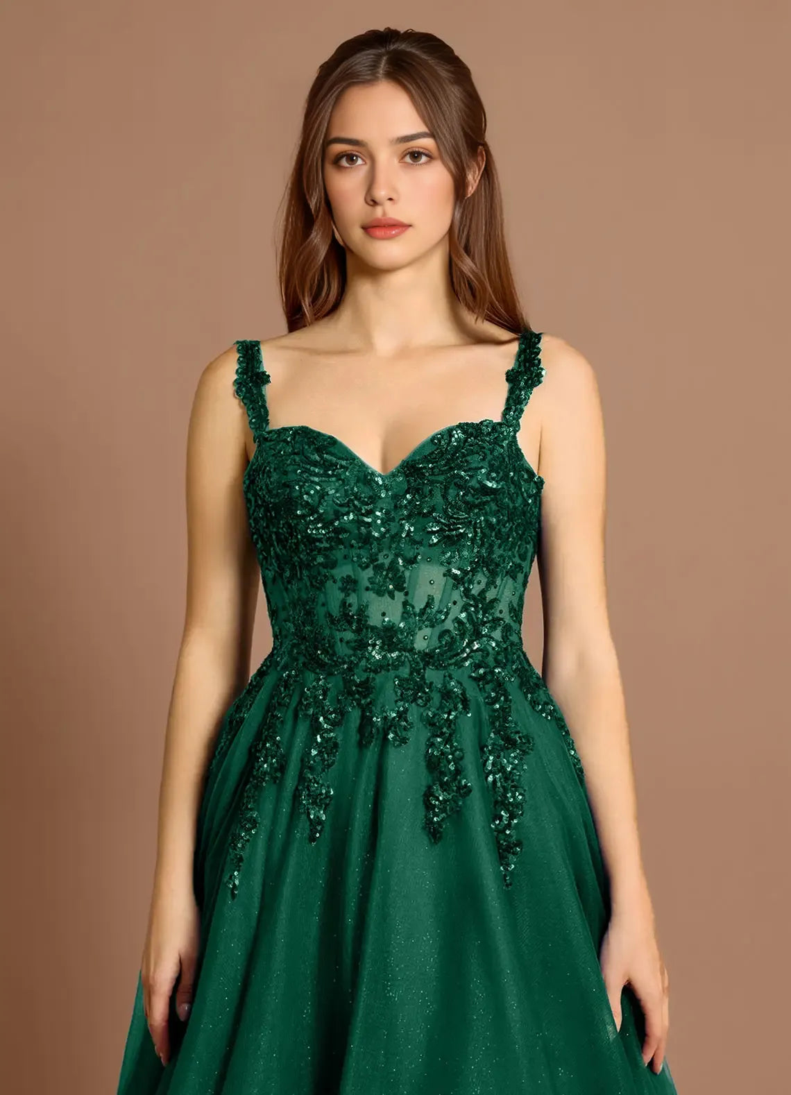 Discount A-line Sweetheart Sequins Applique Tulle Emerald Maxi Evening Dress