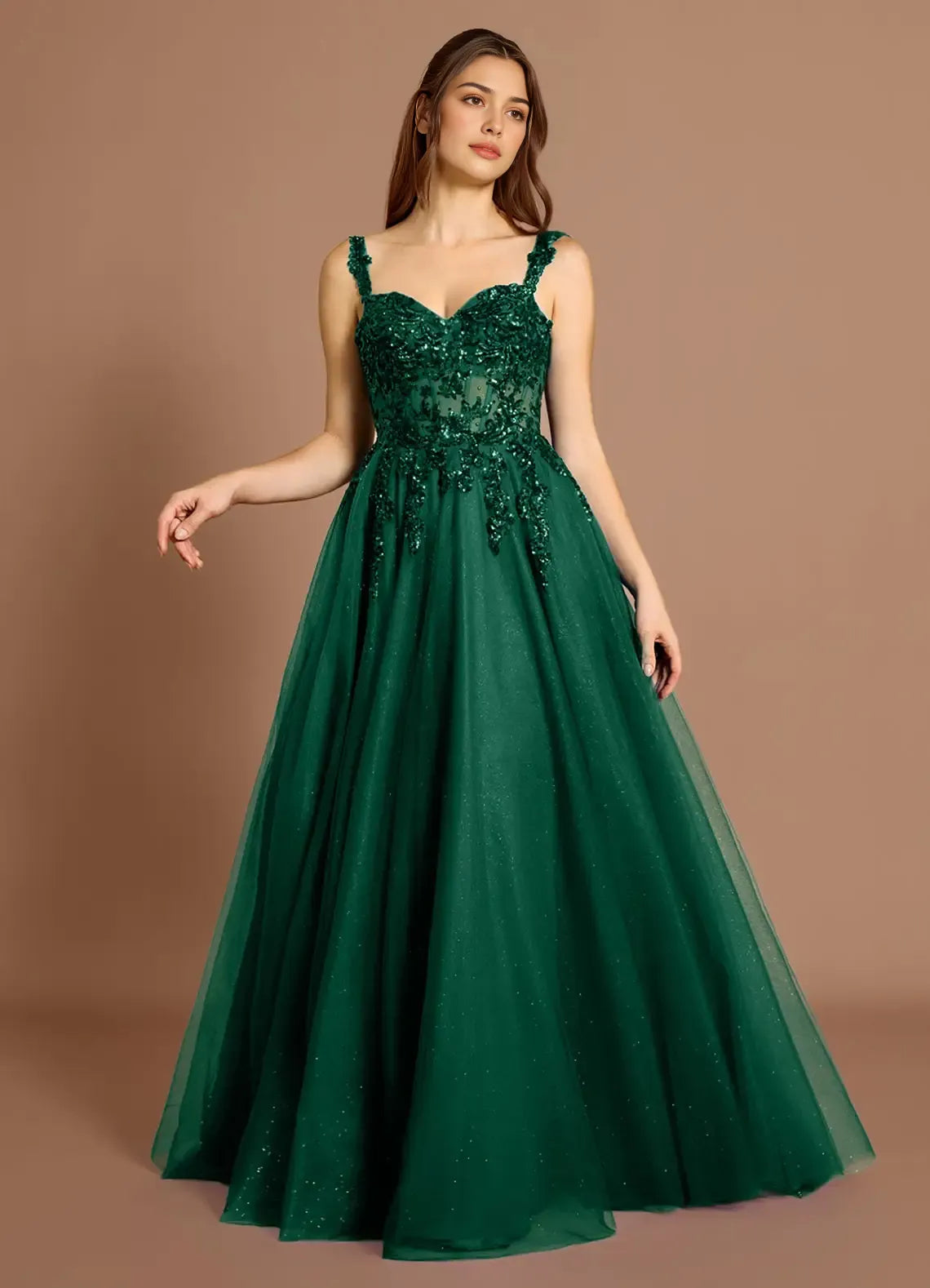 Discount A-line Sweetheart Sequins Applique Tulle Emerald Maxi Evening Dress