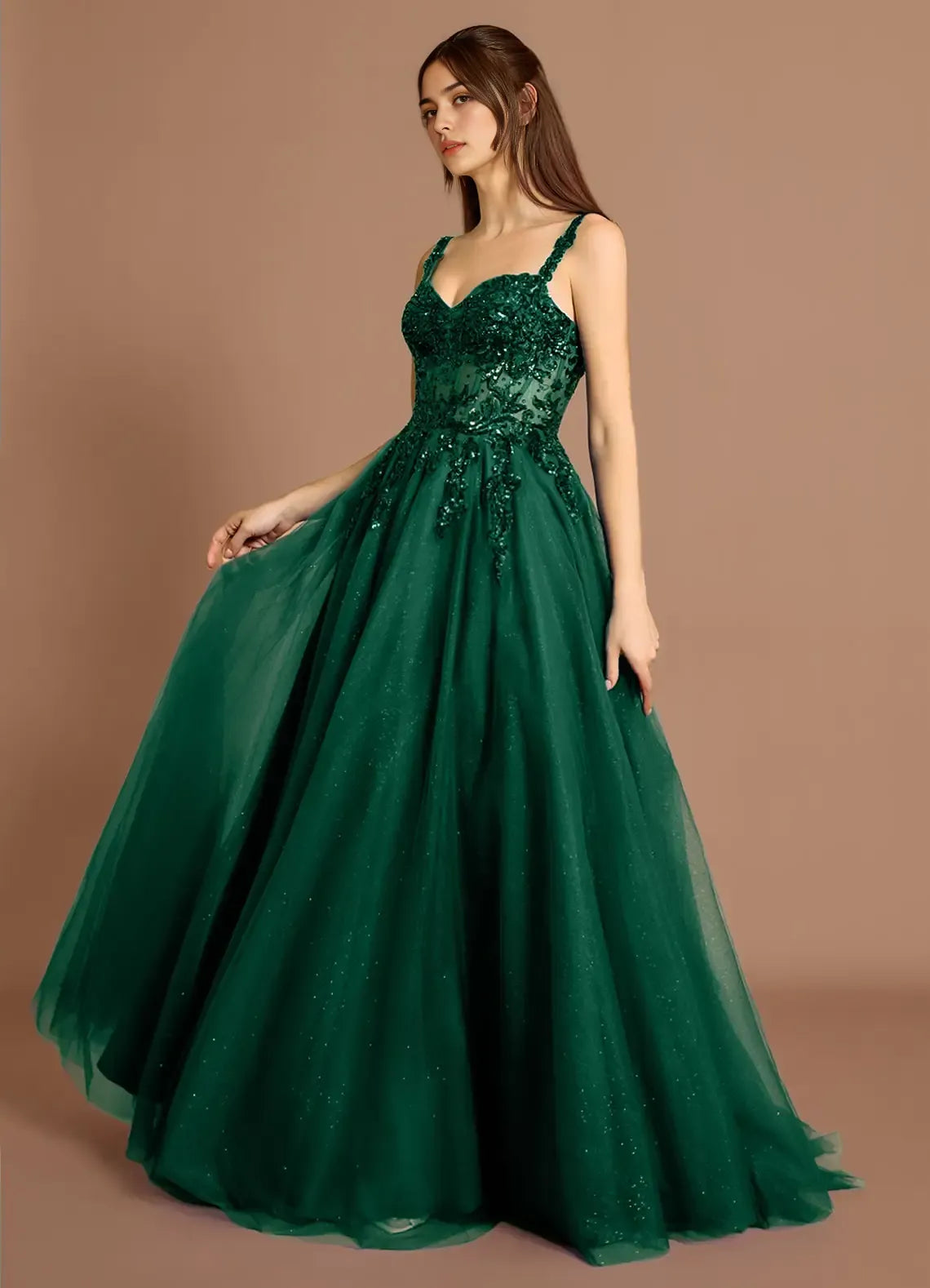 Discount A-line Sweetheart Sequins Applique Tulle Emerald Maxi Evening Dress