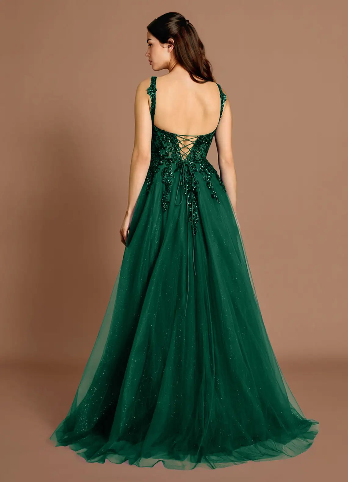 Discount A-line Sweetheart Sequins Applique Tulle Emerald Maxi Evening Dress