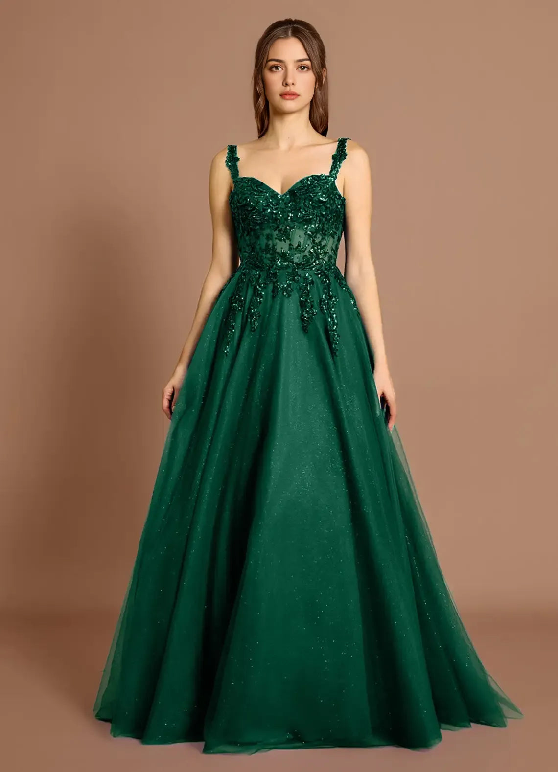 Discount A-line Sweetheart Sequins Applique Tulle Emerald Maxi Evening Dress