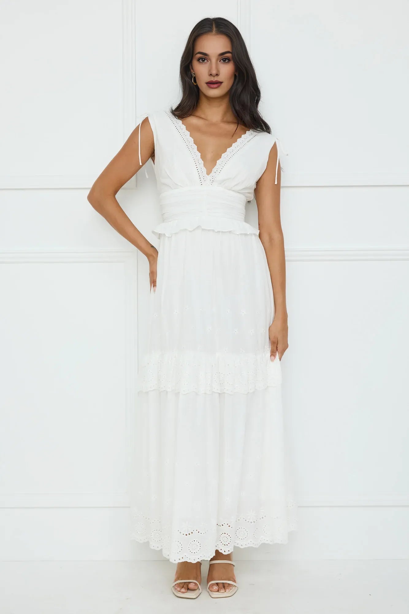 Discount A-line V Neck Tie Ruffle White Maxi Prom Dress For Women Buy