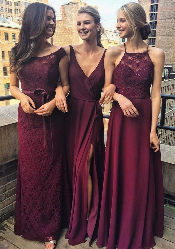 Discount Burgundy Lace Halter Bridesmaid Dress Long  V Neck Wedding Party Prom Gowns