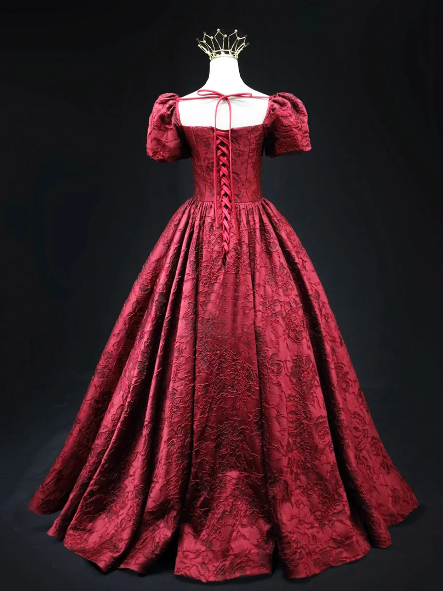 Discount Burgundy Satin Square Neck Short Sleeves Printed Pattern Floor Length Prom Dress