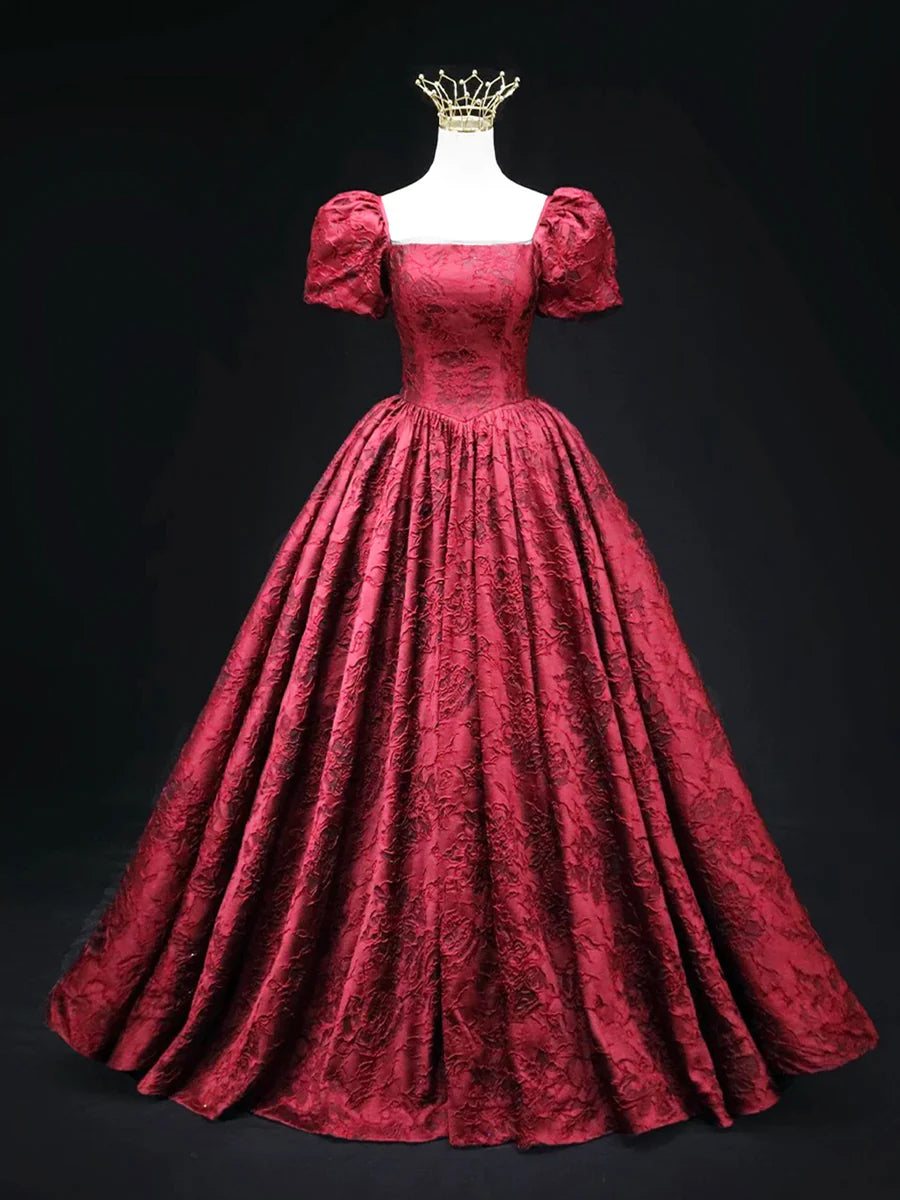 Discount Burgundy Satin Square Neck Short Sleeves Printed Pattern Floor Length Prom Dress