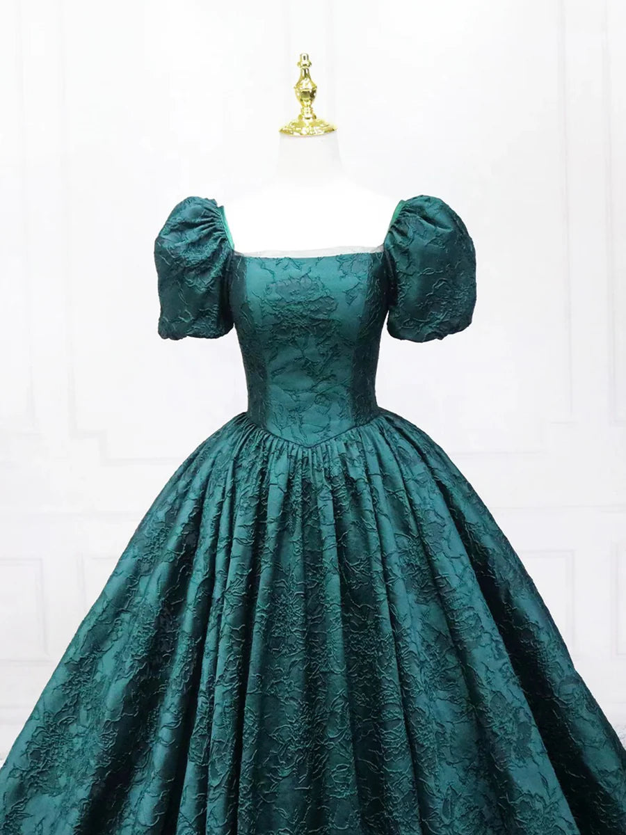 Discount Dark Green Satin Square Neck Short Sleeves Printed Pattern Floor Length Prom Dress