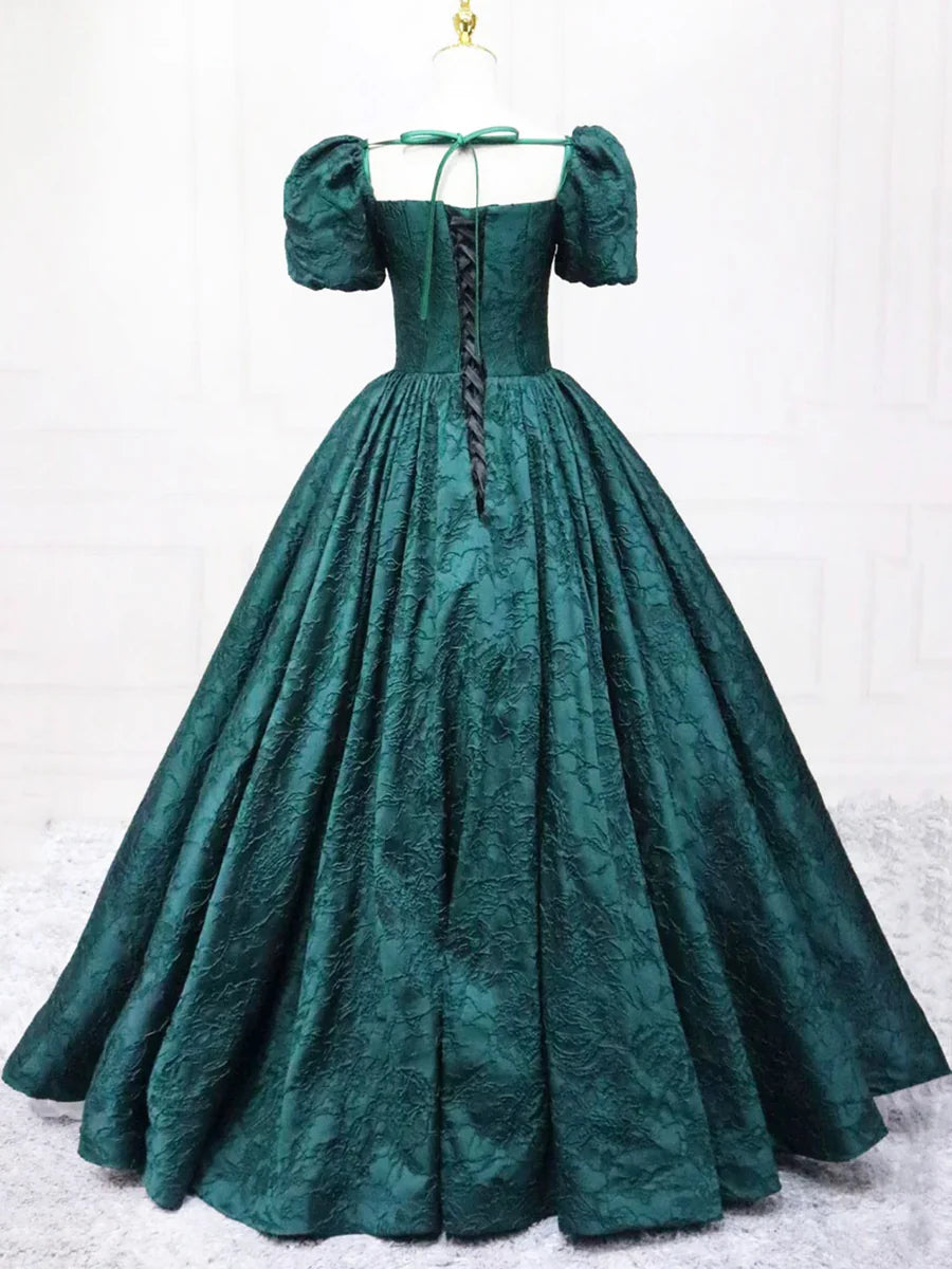 Discount Dark Green Satin Square Neck Short Sleeves Printed Pattern Floor Length Prom Dress