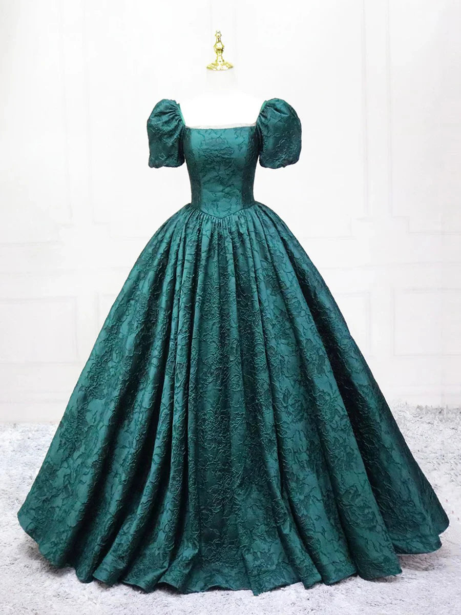 Discount Dark Green Satin Square Neck Short Sleeves Printed Pattern Floor Length Prom Dress