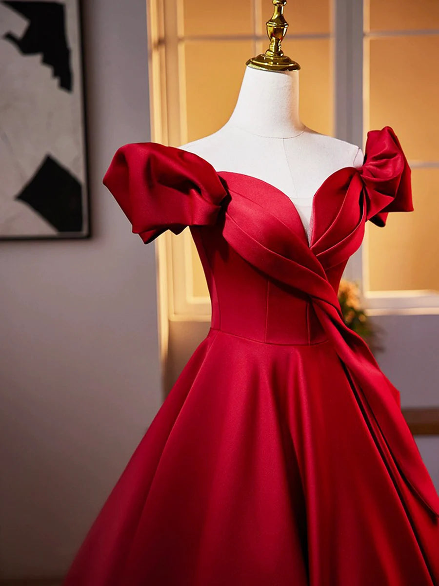 Discount Dark Red Satin V Neck Pleated Long Prom Dress Off the Shoulder A-Line Formal Evening Dress