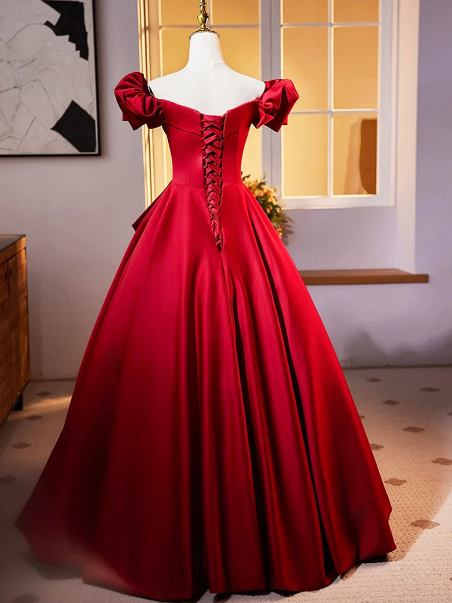 Discount Dark Red Satin V Neck Pleated Long Prom Dress Off the Shoulder A-Line Formal Evening Dress