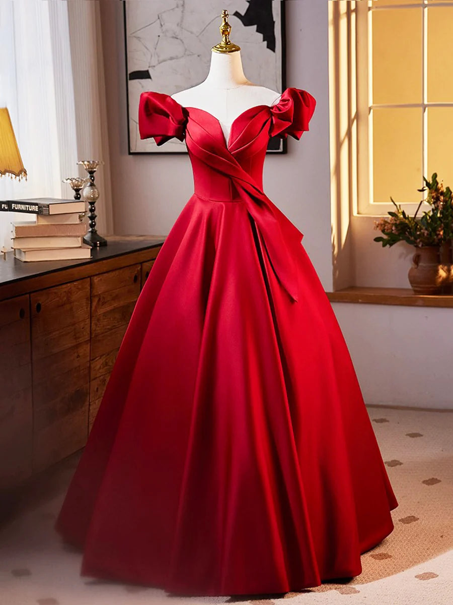 Discount Dark Red Satin V Neck Pleated Long Prom Dress Off the Shoulder A-Line Formal Evening Dress