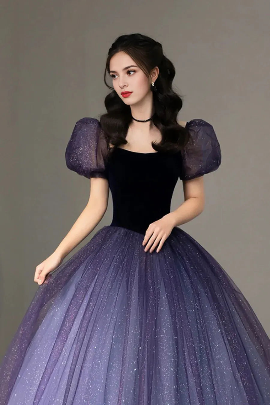 Discount Fluffy A-Line Short Sleeve Sequins Tulle Purple Formal Prom Dress