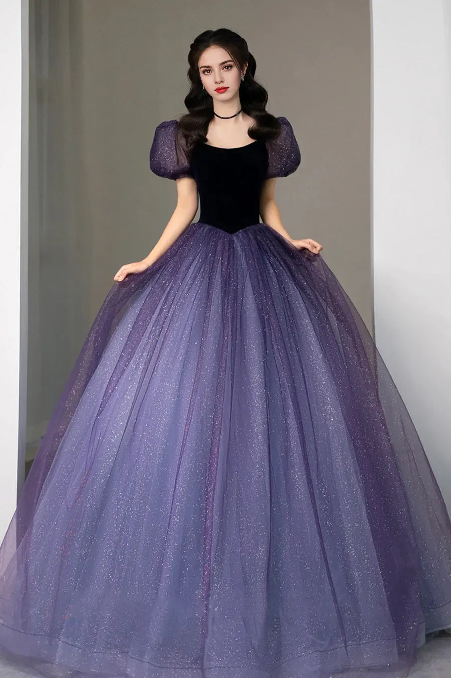 Discount Fluffy A-Line Short Sleeve Sequins Tulle Purple Formal Prom Dress
