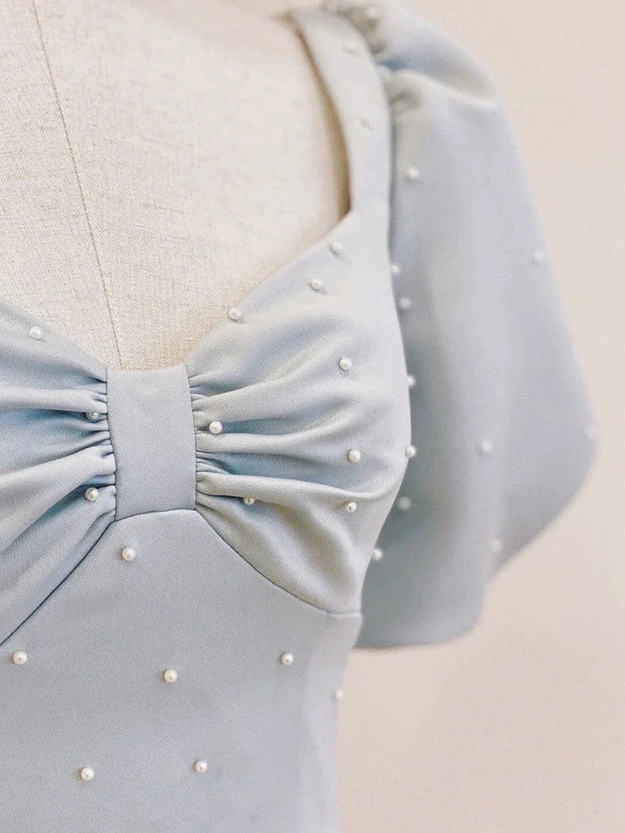 Discount Lovely Burgundy Satin Pearl Long Prom Dress A-Line Short Sleeve Evening Party Dress