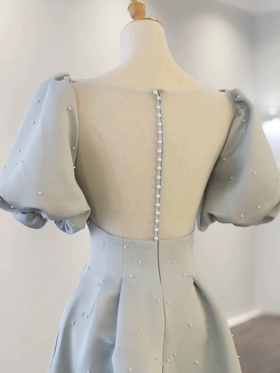 Discount Lovely Burgundy Satin Pearl Long Prom Dress A-Line Short Sleeve Evening Party Dress