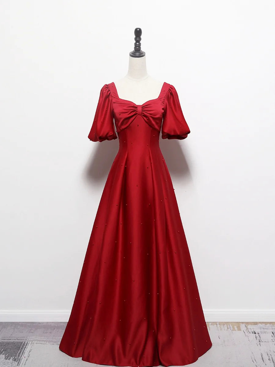 Discount Lovely Burgundy Satin Pearl Long Prom Dress A-Line Short Sleeve Evening Party Dress