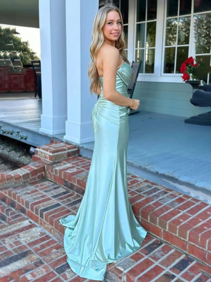 Discount  Mermaid Black Satin Pleated Strapless Ruffle Long Sweep Train Prom Dresses With Slit