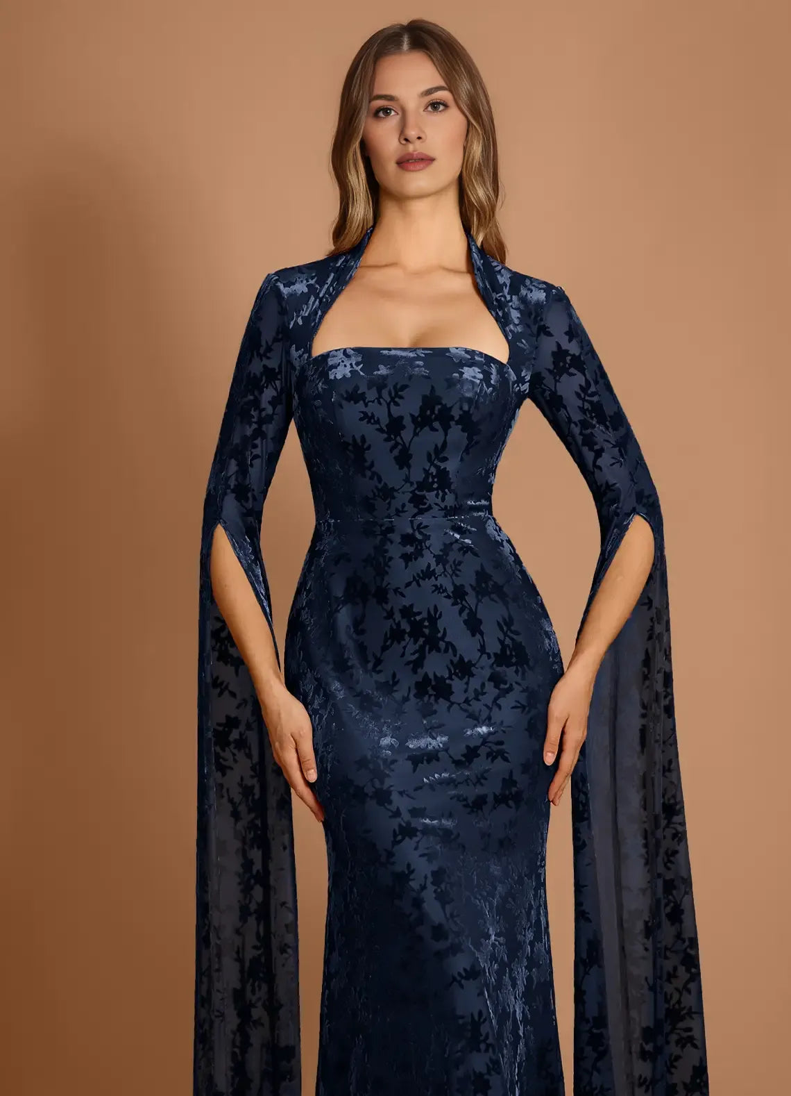 Discount Mermaid Halter Long Sleeve Navy Maxi Evening Dress Custom