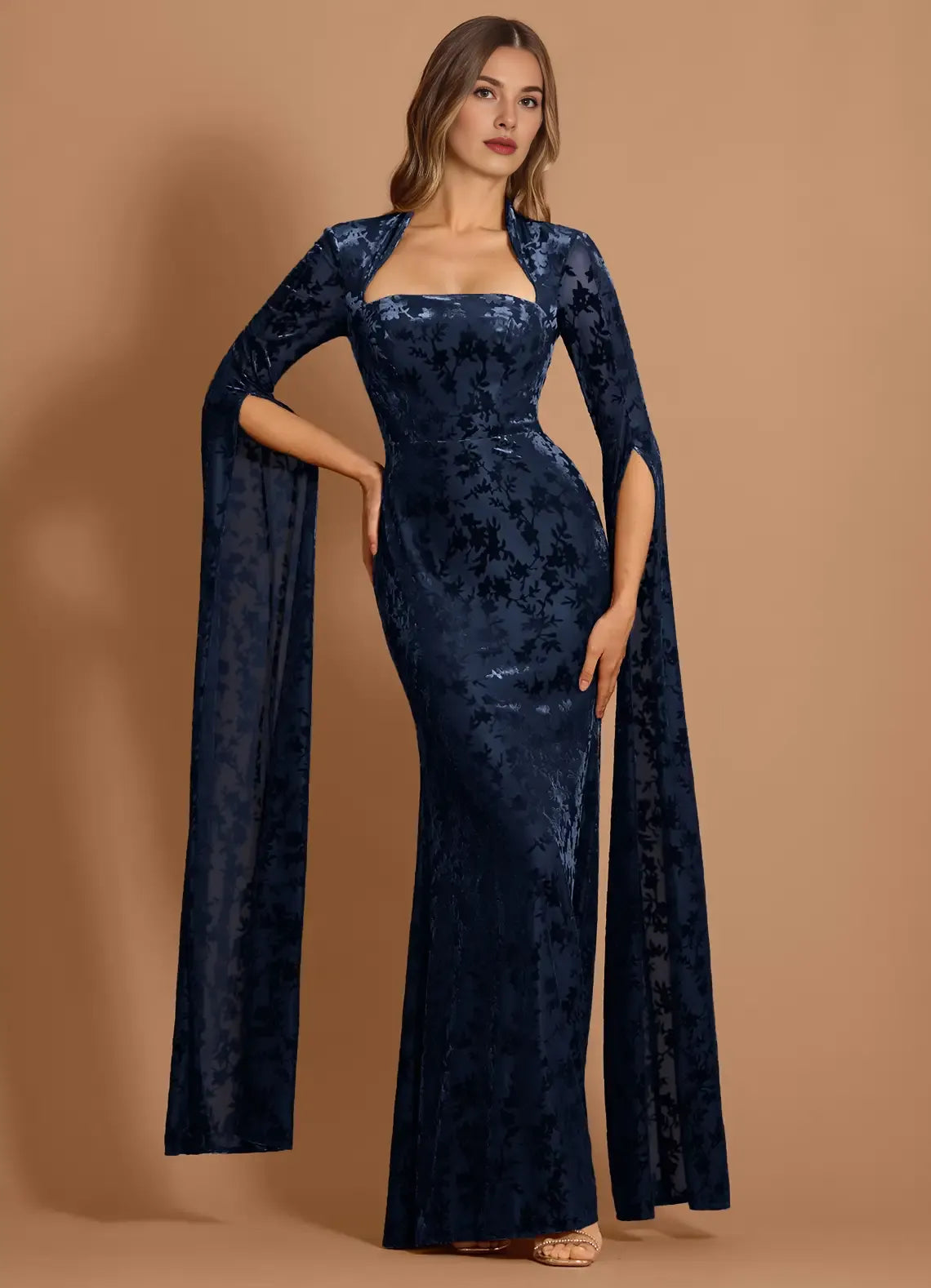 Discount Mermaid Halter Long Sleeve Navy Maxi Evening Dress Custom