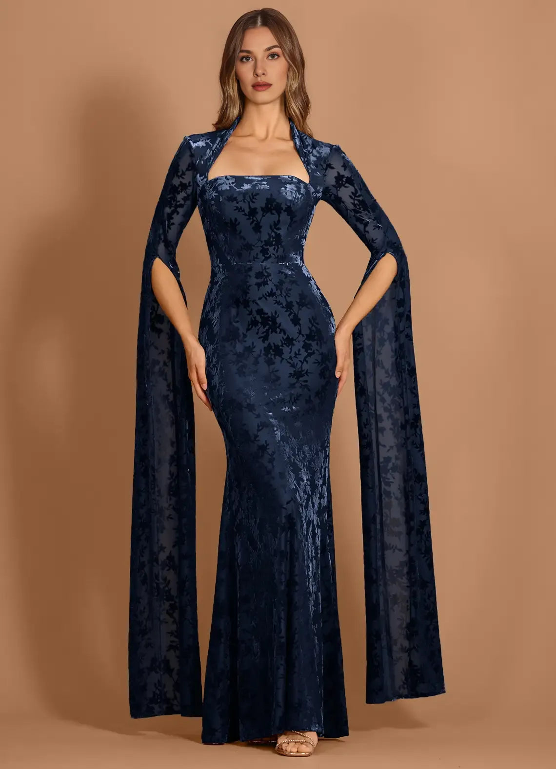 Discount Mermaid Halter Long Sleeve Navy Maxi Evening Dress Custom