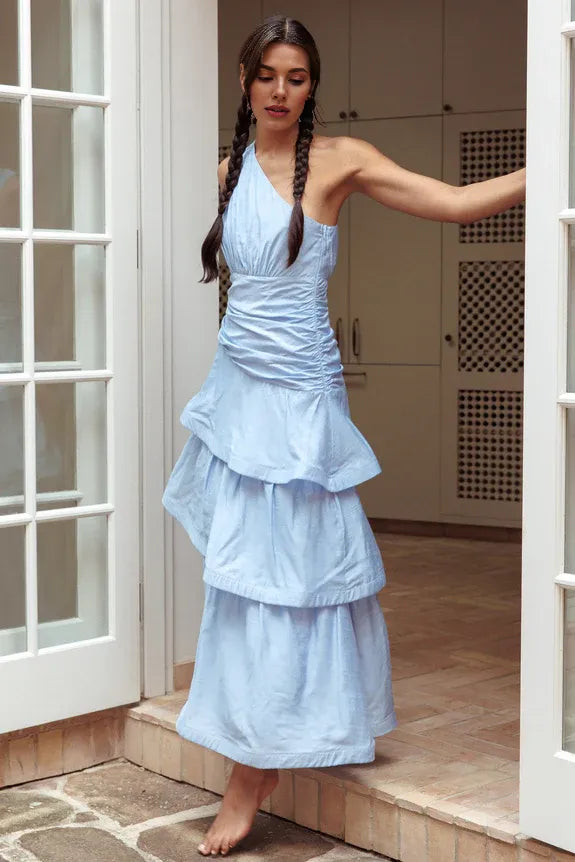 Discount One Shoulder Ruched Tiered Layered Solid Blue Maxi Evening Dress