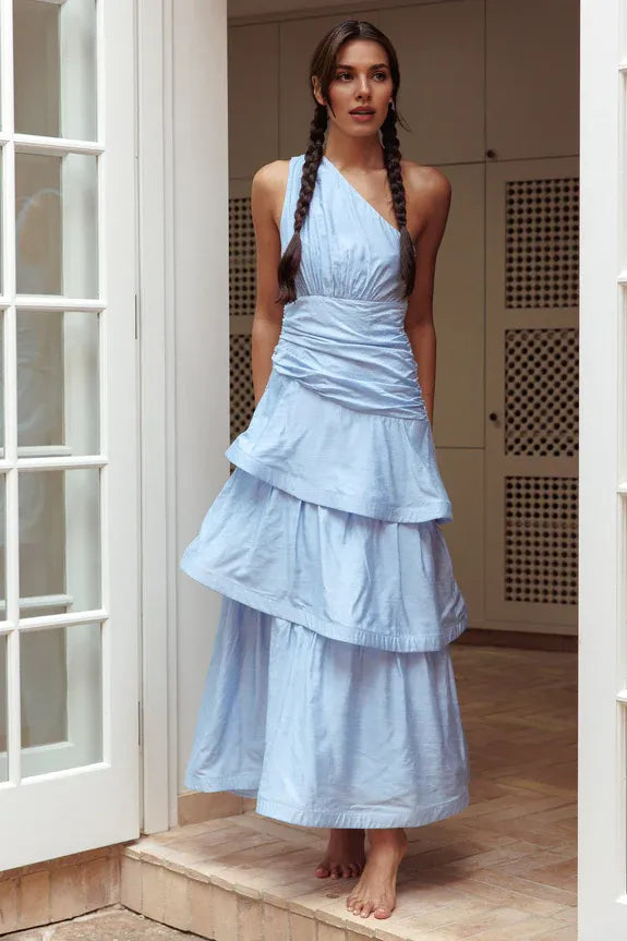 Discount One Shoulder Ruched Tiered Layered Solid Blue Maxi Evening Dress