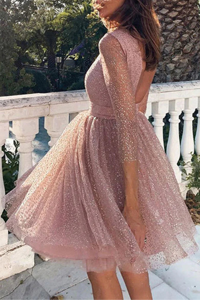 Discount Pink Tulle Open Back Long Sleeve Short Prom Dress A-Line Homecoming Party Dress