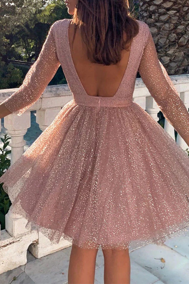 Discount Pink Tulle Open Back Long Sleeve Short Prom Dress A-Line Homecoming Party Dress
