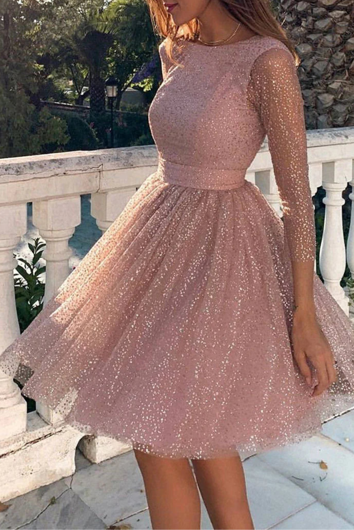 Discount Pink Tulle Open Back Long Sleeve Short Prom Dress A-Line Homecoming Party Dress