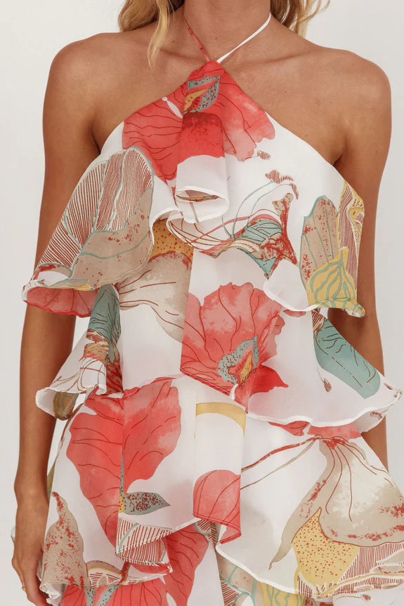 Discount Pretty Halter Tiered Ruffle Floral Red Maxi Homecoming Prom Dress