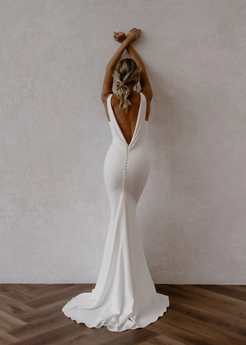 Discount Pretty Mermaid White Satin Deep V-Neck Backless Wedding Dress With Cape