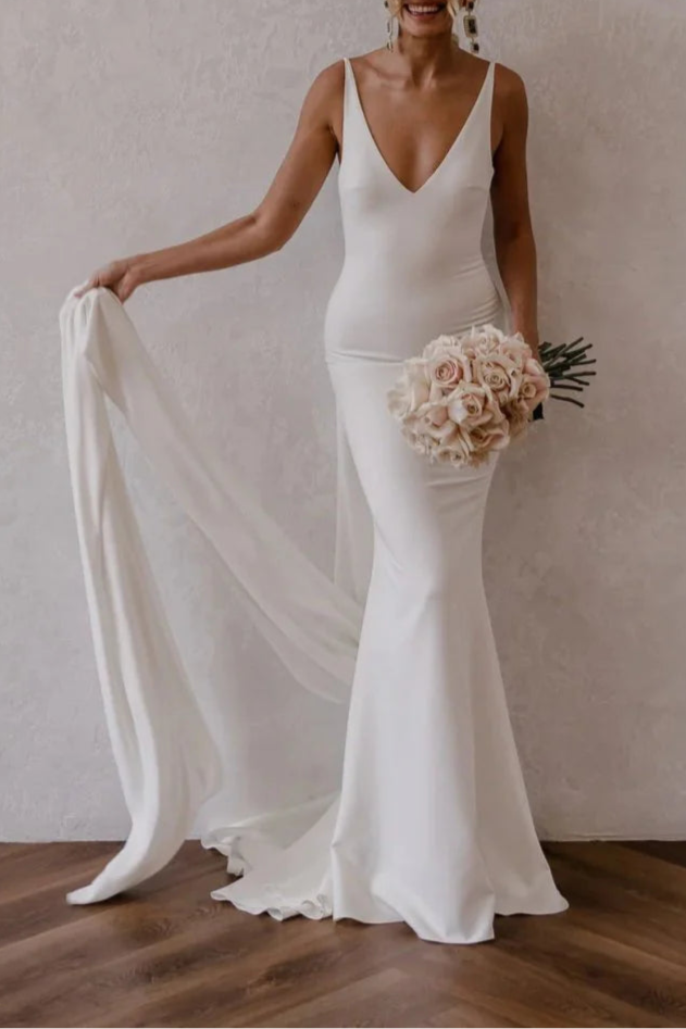 Discount Pretty Mermaid White Satin Deep V-Neck Backless Wedding Dress With Cape
