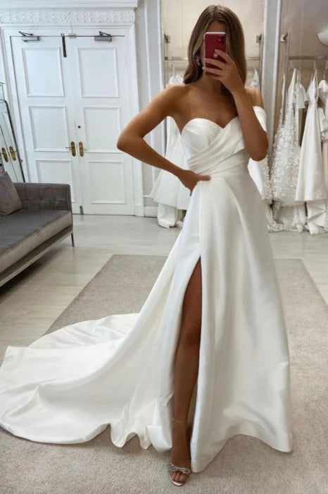 Discount Pretty Satin Strapless Sweetheart Neck Pleated Front Split Wedding Dress With Train