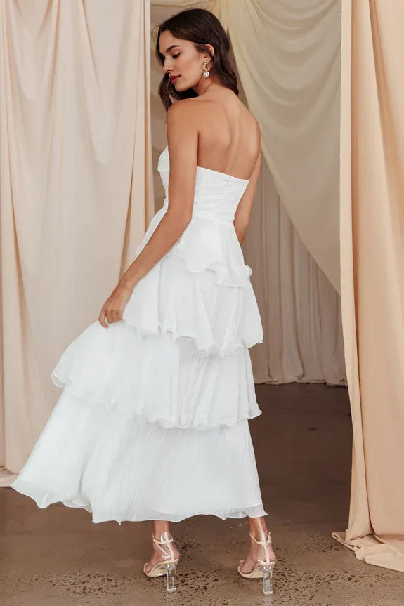 Discount Pretty Strapless Tiered Ruffle Off White Midi Evening Dress For Women