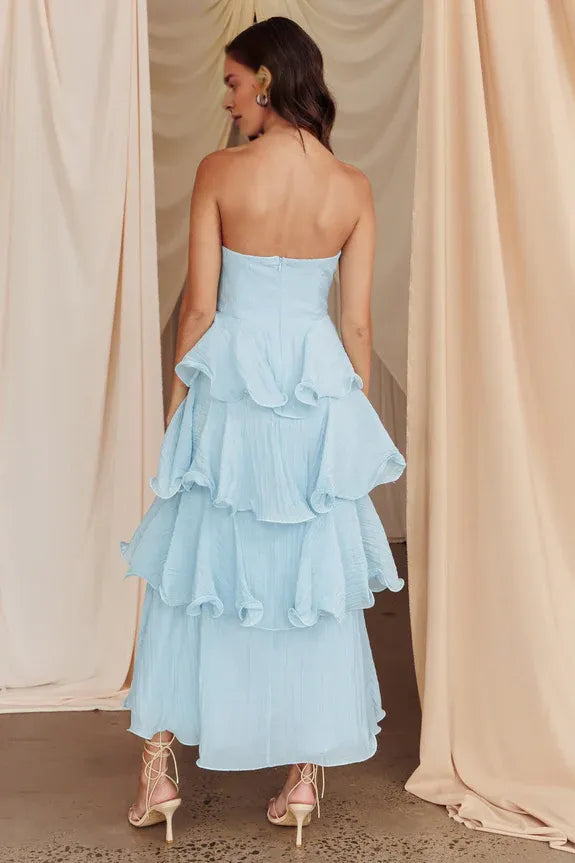 Discount Pretty Strapless Tiered Ruffle Pale Blue Midi Evening Dress For Women