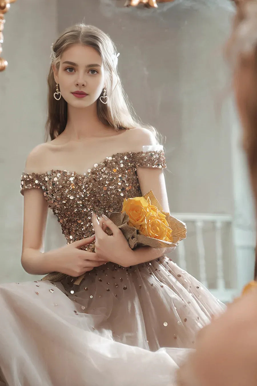 Discount Shiny A-Line Off the Shoulder Beaded Sequins Tulle Long Prom Dresses