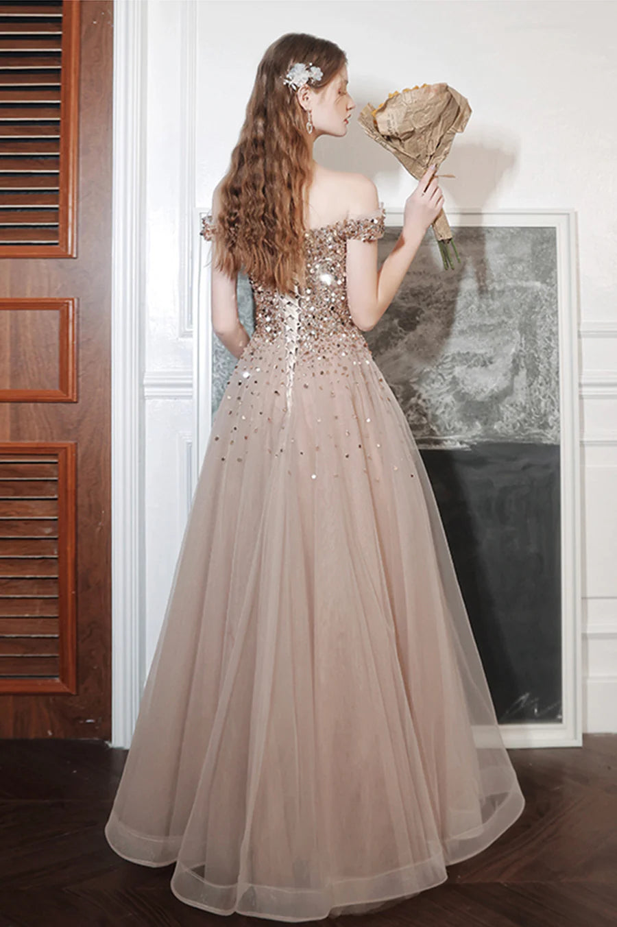 Discount Shiny A-Line Off the Shoulder Beaded Sequins Tulle Long Prom Dresses