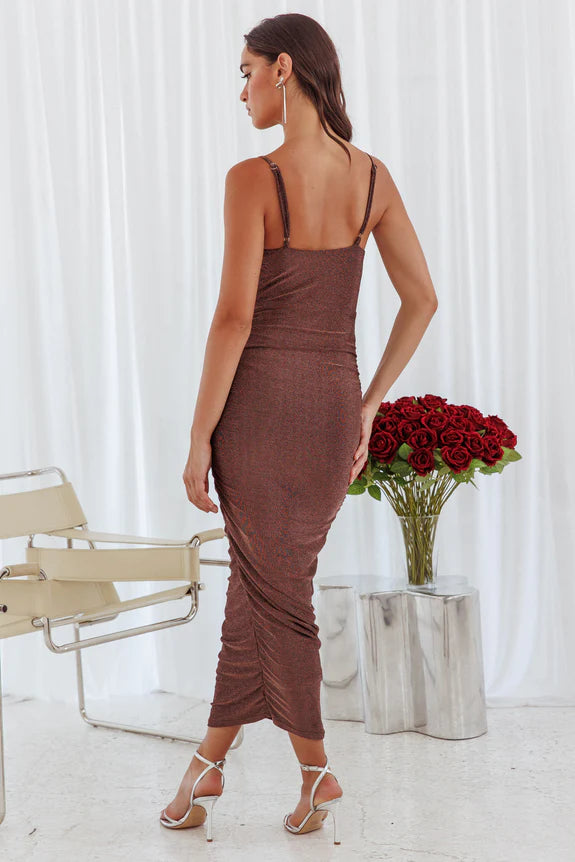 Discount Spaghetti Straps Ruched Shimmer Chocolate Maxi Evening Dress