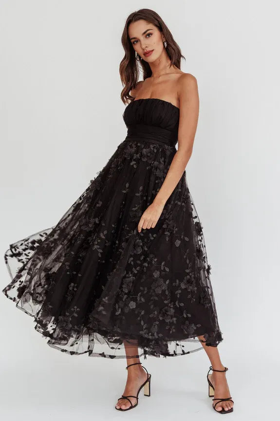 Discount Strapless Pleated Applique Embellished Mesh Black Midi Evening Dress